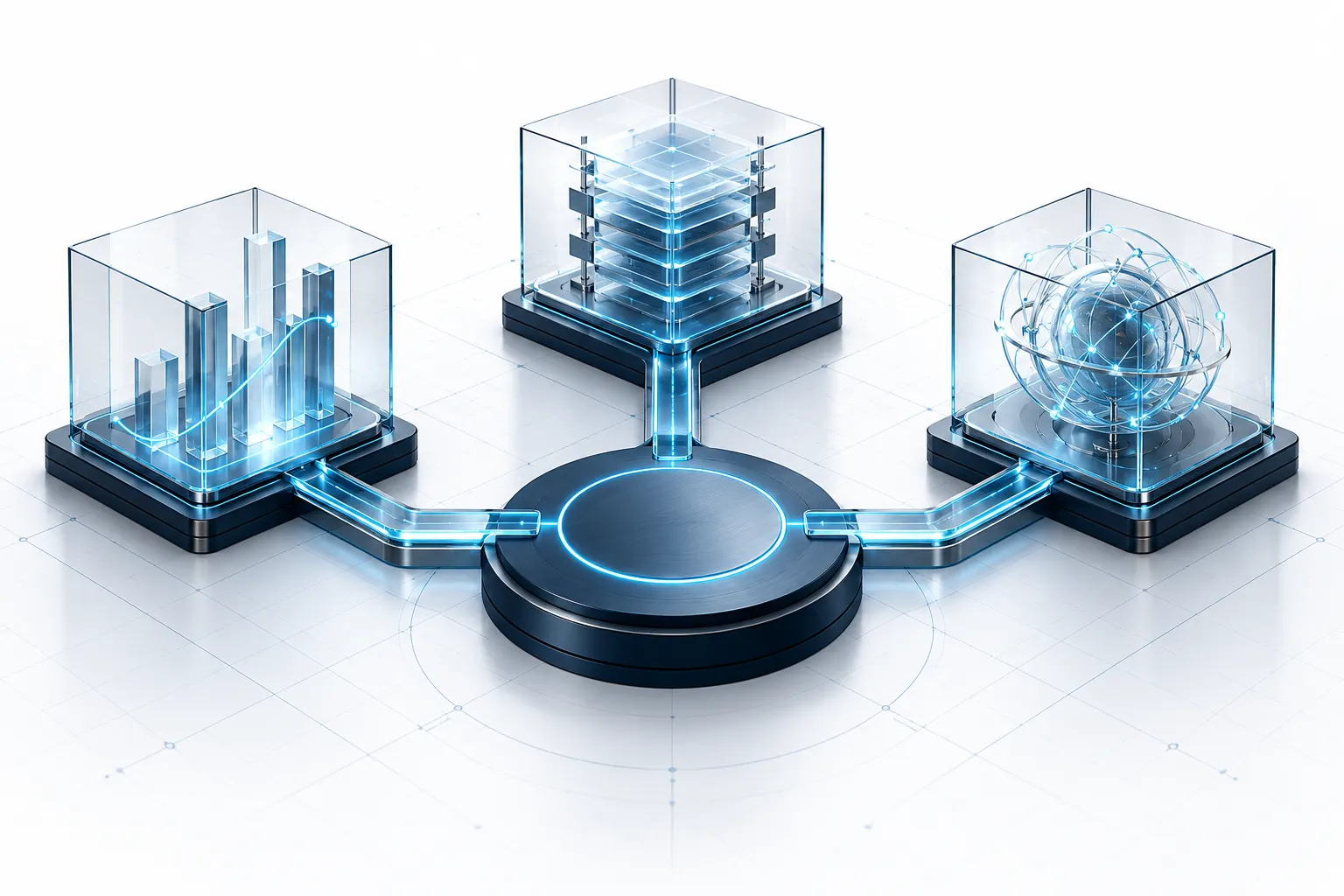 Visualización conceptual de negocio, software e inteligencia artificial conectados en un sistema.